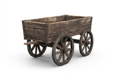 An aged wooden cart stands isolated against a bright white backdrop