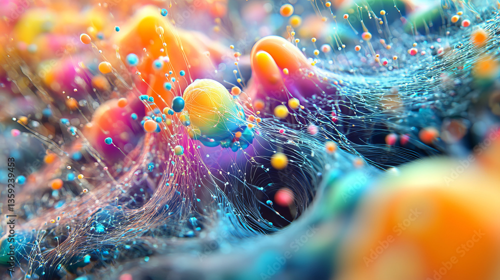 Poster neural network 3d illustration. big data and cybersecurity. data stream. global database and artific