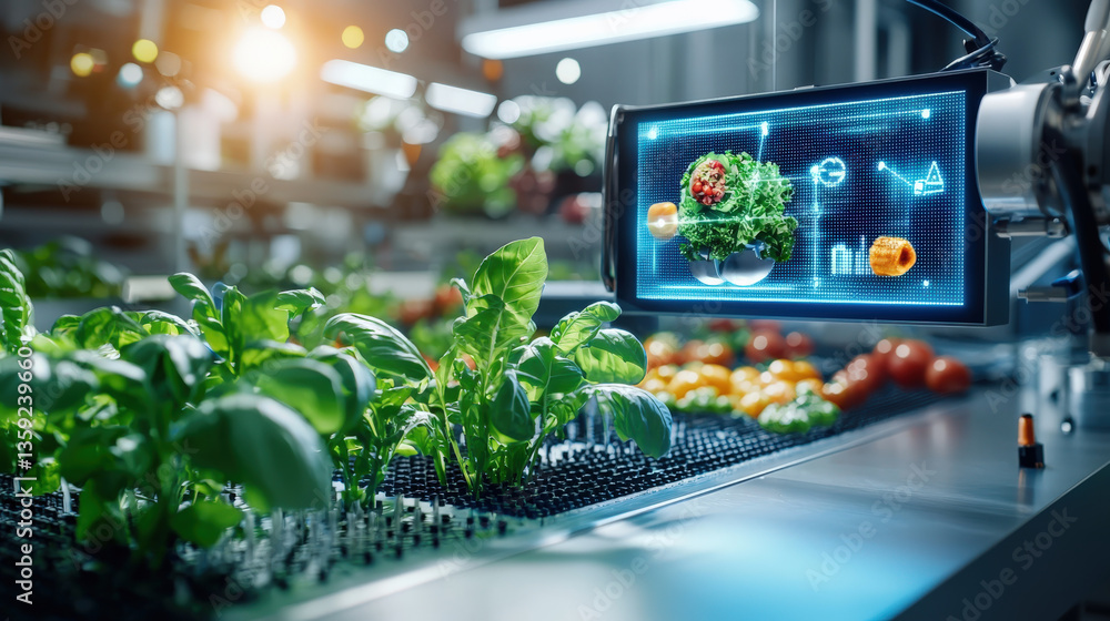 Fototapete futuristic laboratory showcases advanced food processing technology with robotic systems analyzing f