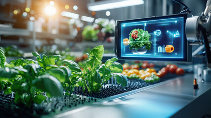 futuristic laboratory showcases advanced food processing technology with robotic systems analyzing fresh produce. vibrant setting highlights innovation in agriculture