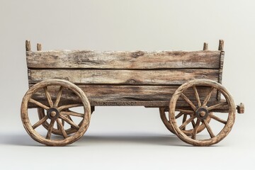 Fototapeta premium An old wooden wagon with spoked wheels on a white surface