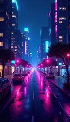 Energetic neon cityscape with floating geometric shapes and glowing lights,  vibrant,  vibrant