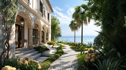 Fototapeta premium Exclusive Mediterranean villa, classic architecture with sprawling gardens, cobblestone pathways leading to private beachfront, tranquil ocean views 