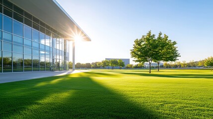Obraz premium A modern building with large glass windows is bathed in sunlight, surrounded by lush green grass and trees in a serene environment.