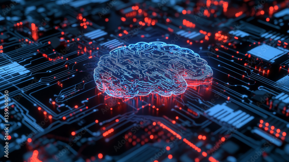 Poster artificial intelligence. computer mind. quantum processor abstract concept 3d illustration. digital 