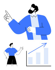 Professional presenting ideas with raised finger, teammate observing progress over upward graph. Ideal for teamwork, leadership, growth, planning, strategy, decision-making, innovation in flat simple
