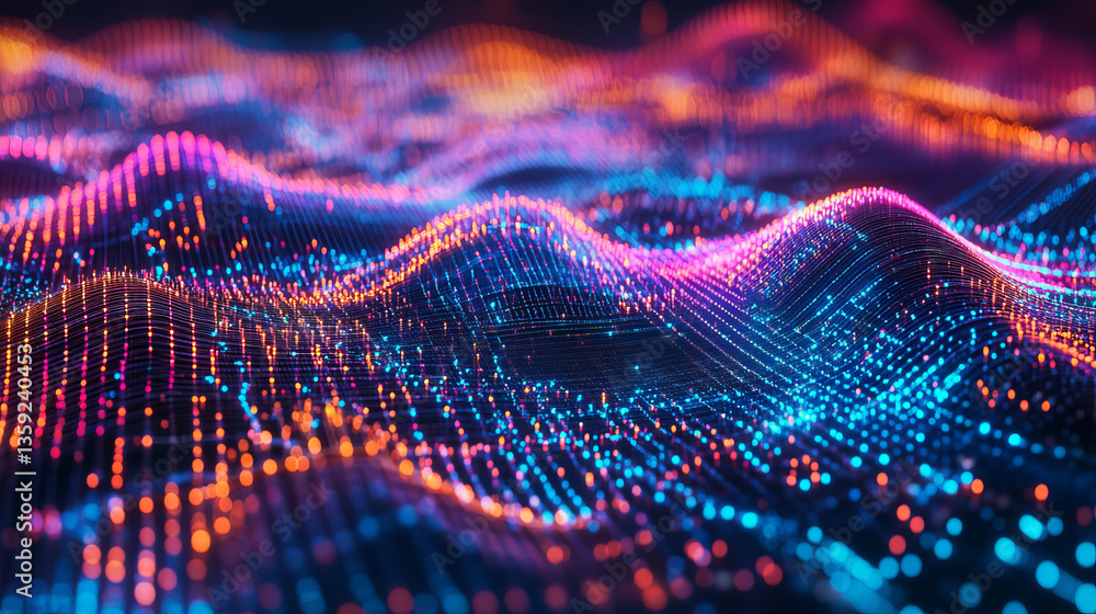 Poster neural network 3d illustration. big data and cybersecurity. data stream. global database and artific