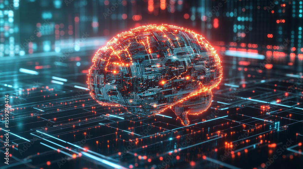 Poster artificial intelligence. computer mind. quantum processor abstract concept 3d illustration. digital 