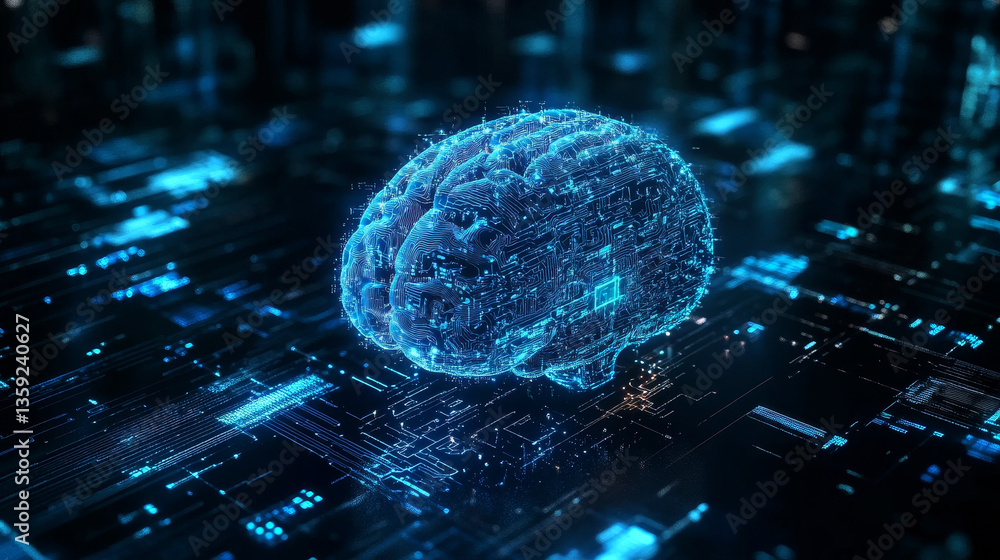 Poster artificial intelligence. computer mind. quantum processor abstract concept 3d illustration. digital 