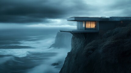 Fragile coastal home on eroding cliffs, structure precariously overhanging the ocean, dramatic lighting emphasizing the destructive force of nature 