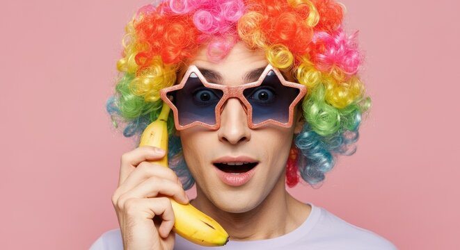 Man with star-shaped glasses and rainbow wig, holding banana like phone