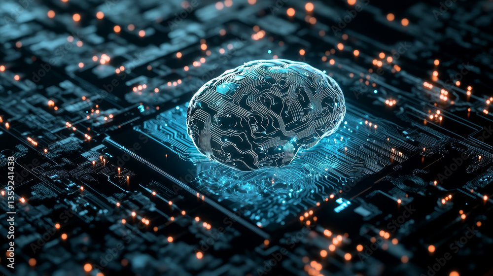 Poster artificial intelligence. computer mind. quantum processor abstract concept 3d illustration. digital 