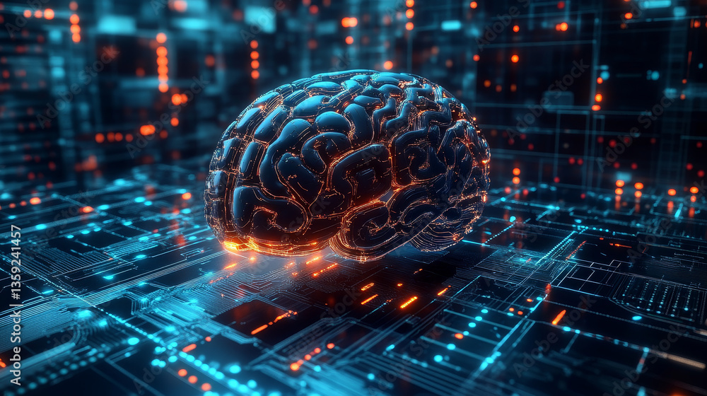 Poster artificial intelligence. computer mind. quantum processor abstract concept 3d illustration. digital 