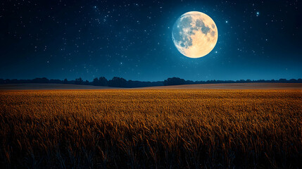 Fototapeta premium A golden field under a starry night sky illuminated by a bright full moon creating a serene and magical atmosphere