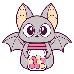 Cute Cartoon Bat Holding Jar with Candies Isolated on White Background, Halloween Theme
