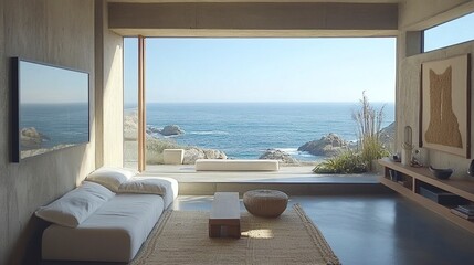 Fototapeta premium Frame shots to emphasize open windows, ocean views, or luxurious furnishings if available. Staging the Space: Add elements like rugs, plush furniture 