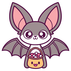 Kawaii Bat with Candy Pail, Winged Cartoon Character with Round Eyes & Big Ears