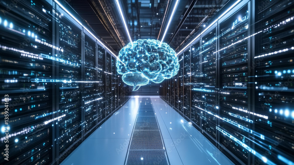 Poster artificial intelligence. computer mind. futuristic data center. quantum processor abstract concept 3