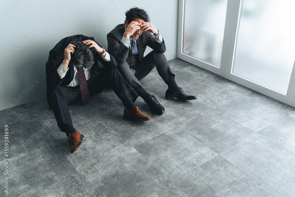 Aufkleber ビジネスマン、落ち込む、ストレス、がっかり、失敗、倒産、プレッシャー、責任、社長、経営者、失業、燃え尽き症候群、破産、残念、考える、悩む、悩み、困る、疑問、心配、不安、不満、トラブル、問題、課題、憂鬱
