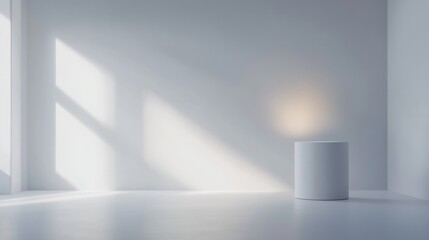 minimalist white room with cylinder display stand and sunlight