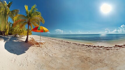 Fun-filled Florida beach day, colorful umbrella popping against sandy hues, palms swaying in the gentle breeze, sparkling ocean under a cloudless sky 