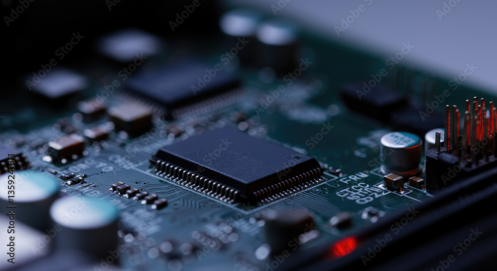 Poster close-up of electronic circuit board, displaying intricate components and microchip