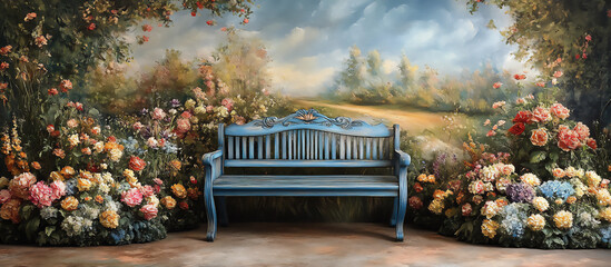 a blue bench with pastel flowers on both sides, front view, photographic backdrop, matte painting.