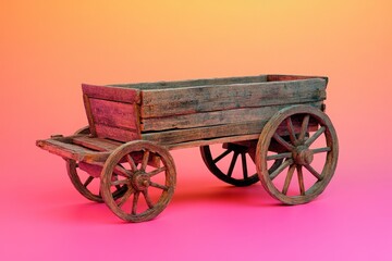 A rustic wooden wagon stands against a colorful gradient background