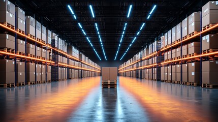 Obraz premium Futuristic Warehouse Scene with Boxes and High-Tech Lighting for Digital Simulation and Logistics Solutions