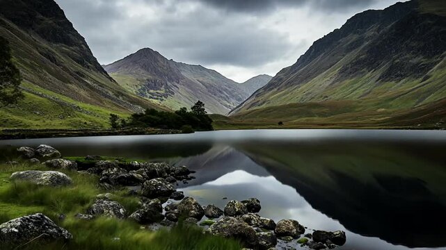 Serene waterscape of wasdale lake beneath brooding skies in cumbria england captivating scenic view