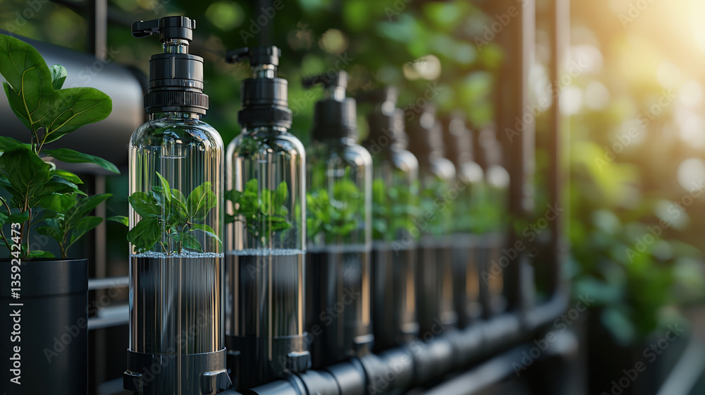 Poster row of transparent bottles with green plants inside is illuminated by sunlight, showcasing modern an