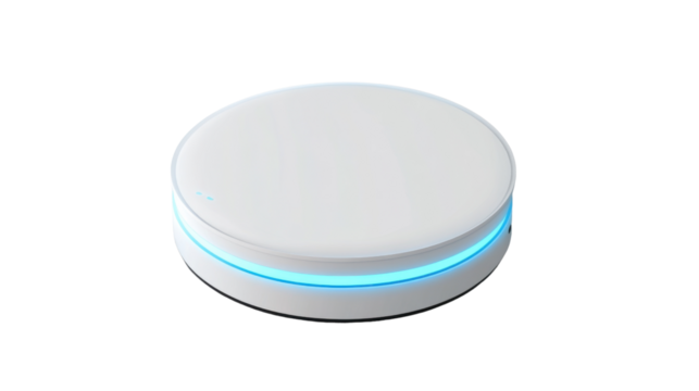Illuminated Innovation: A modern, circular gadget, subtly emitting a cool blue glow, epitomizes technological innovation and smart home automation, hinting at a future of streamlined connectivity.