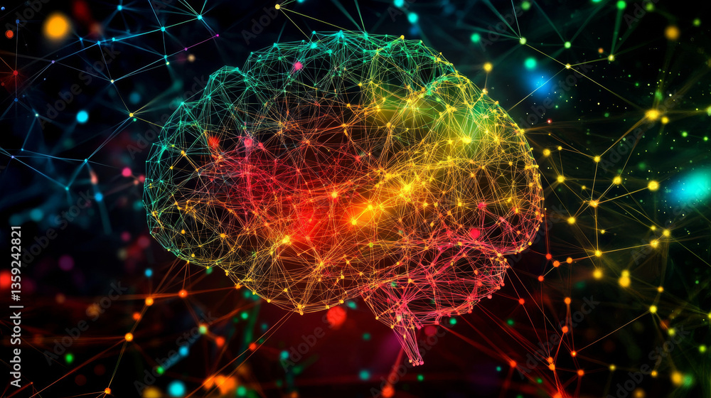 Poster global network 3d illustration. visualization of neural connections in artificial intelligence. abst