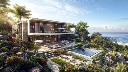 Obraz premium Grand oceanfront estate, multi-tiered terraces with uninterrupted sea views, lush grounds with private beach access, panoramic aerial composition, sunny day. 