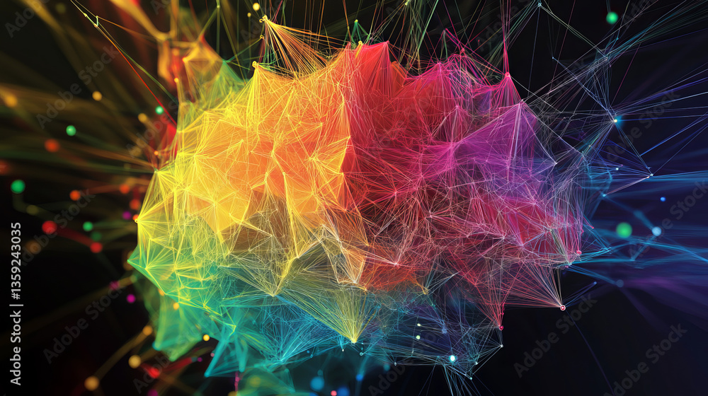 Poster global network 3d illustration. visualization of neural connections in artificial intelligence. abst