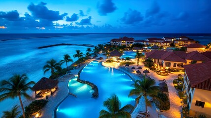 Obraz premium High-angle view of a beachfront Caribbean resort, oceanfront villas surrounded by palms, shimmering blue pools and endless ocean views, bright tropical lighting. 