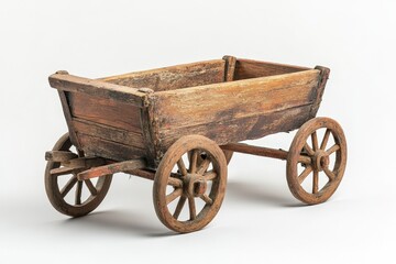 A rustic weathered wooden wagon sits against a plain white background