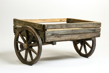 Fototapeta premium A rustic wooden wagon stands centered against a white background