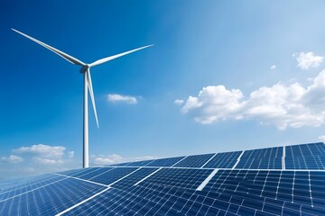 Solar panels and Wind turbines with blue sky background