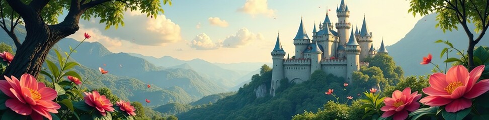 Naklejka premium Fantasy castle with turrets and towers surrounded by a lush seamless background of flowers, leaves, and vines, turrets, lush