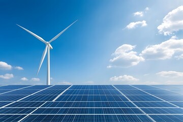 Solar panels and Wind turbines with blue sky background