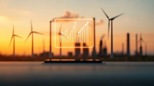 digital graph overlaying tablet with wind turbines in background at sunset symbolizes renewable energy growth. scene conveys innovation and sustainability