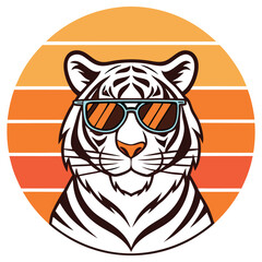 Cartoon Tiger Wearing Sunglasses Retro Circle Background Isolated on White