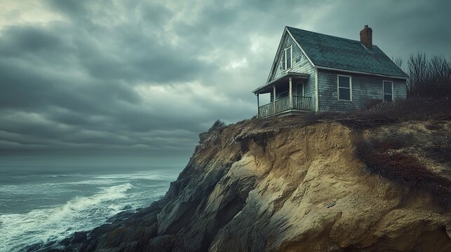House on verge of falling, coastal cliff eroded away, jagged earth and powerful waves below capturing nature's relentless impact, wide shot under overcast skies.  