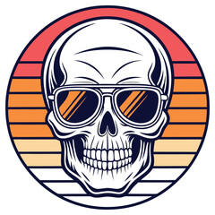 White Skull with Sunglasses Isolated on Striped Circle Background Retro Aesthetic
