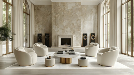 Modern living room interior featuring elegant furniture and large windows with natural light