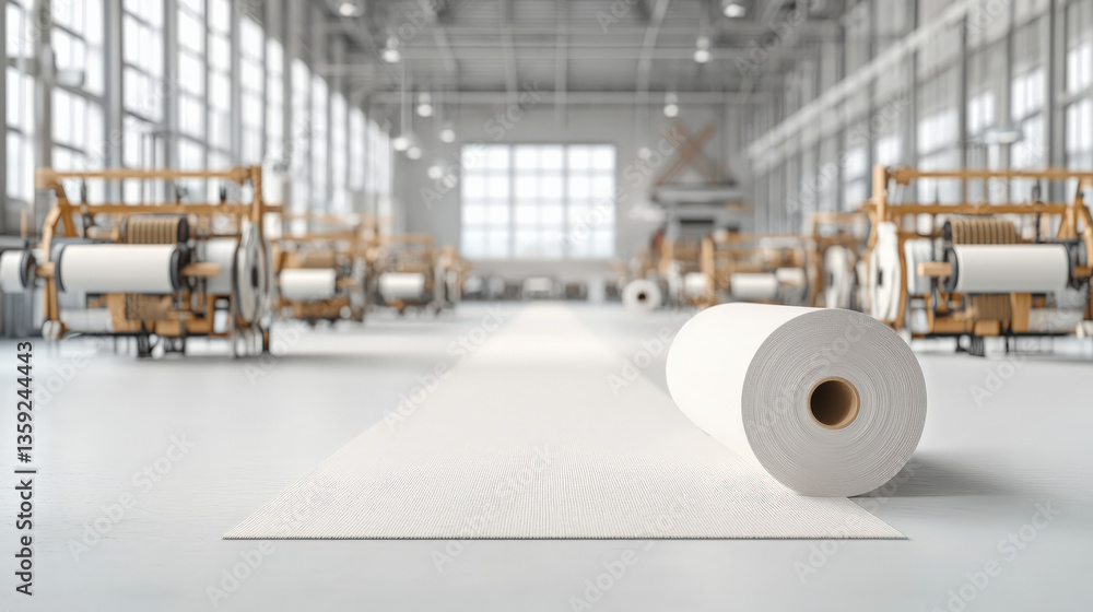 Aufkleber modern textile manufacturing factory interior features large weaving machines and roll of fabric in 