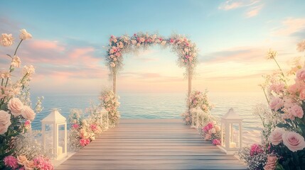 Idyllic beach wedding scene, wooden walkway framed by flowers and lanterns, ocean shimmering in distance, pastel hues in the sky, front shot.  