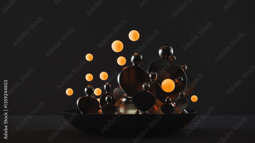 Poster abstract image of colorful 3d geometric shape with various texture against a dark background. 3d ren