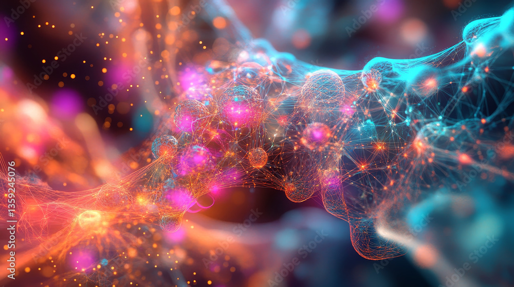 Poster neural network in a synthetic organism. nanotechnology and networking. fantastic macrocosm. abstract